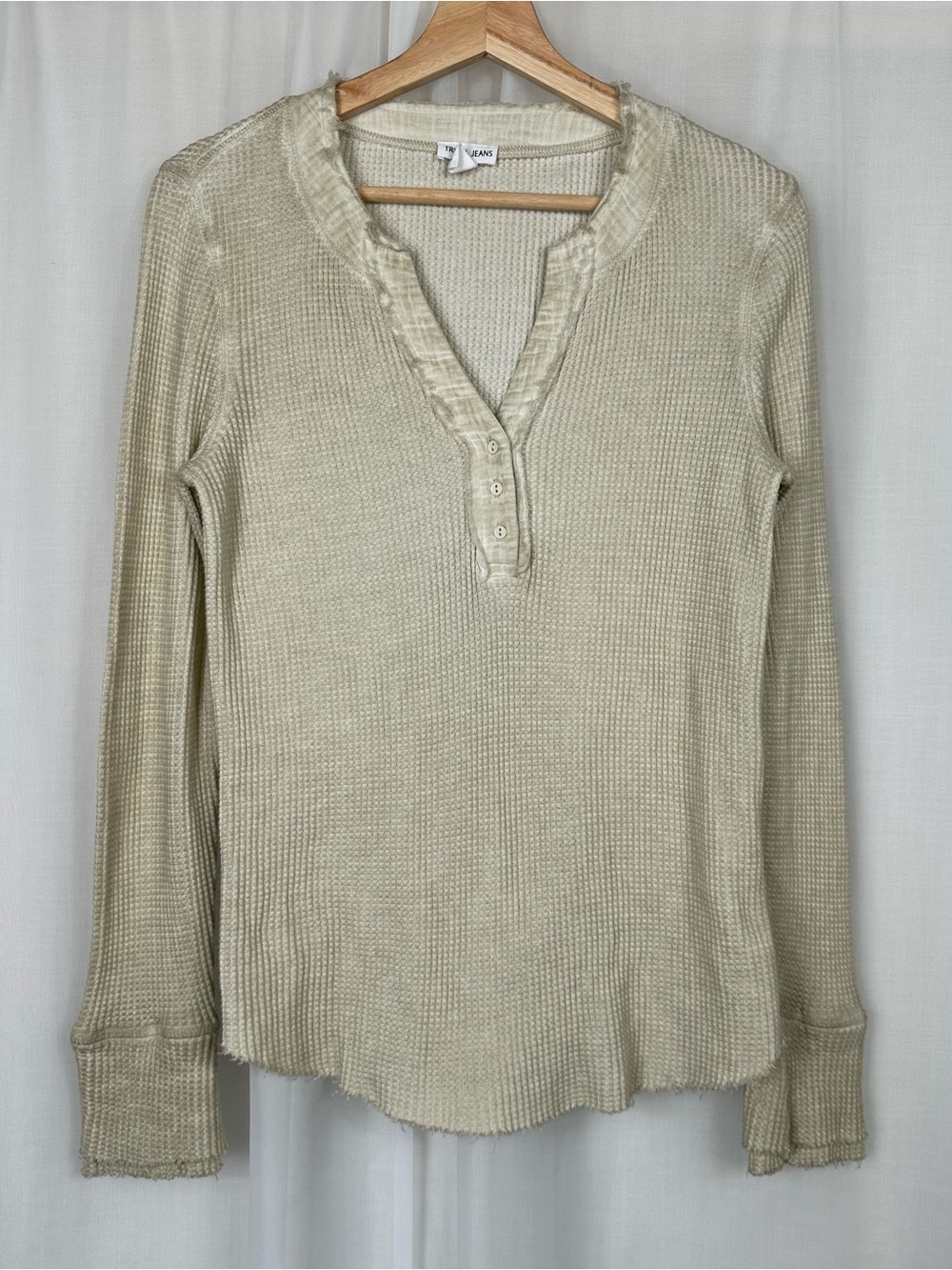 Tribal Jeans Distressed Waffle Knit Henley Thermal Shirt Size P/S Grunge 90s Y2K